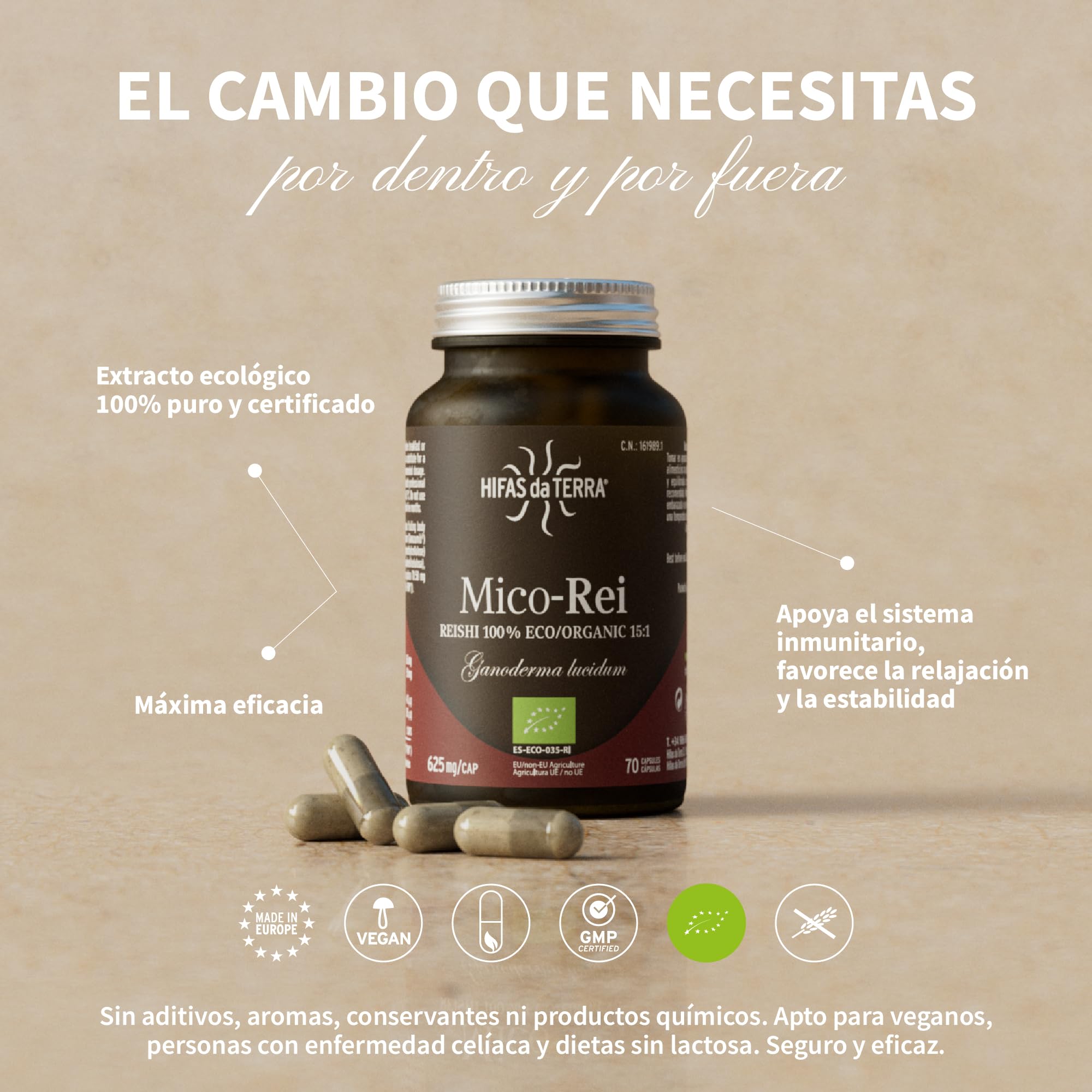 HIFAS DA TERRA - Mico-Rei Extracto Puro de Reishi (Ganoderma lucidum) extracto puro + Vitamina C natural - Extracto de Hongos - Defensas, Circulación y Bienestar Integral - Refill 60 Cápsulas