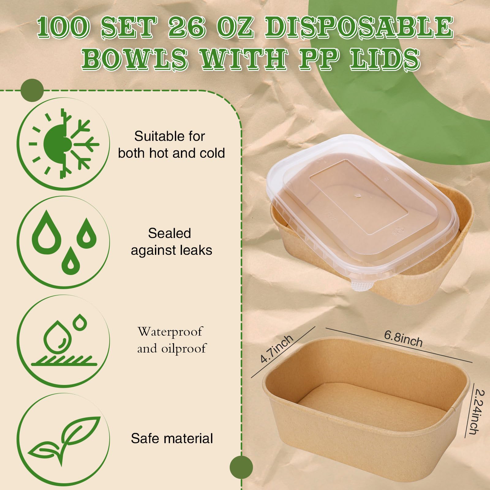 FYSUIMU 100 cuencos desechables de papel kraft de 26 onzas con tapas, recipientes rectangulares para alimentos, cuencos de ensalada para el hogar, camping, restaurante, caliente y frío para llevar