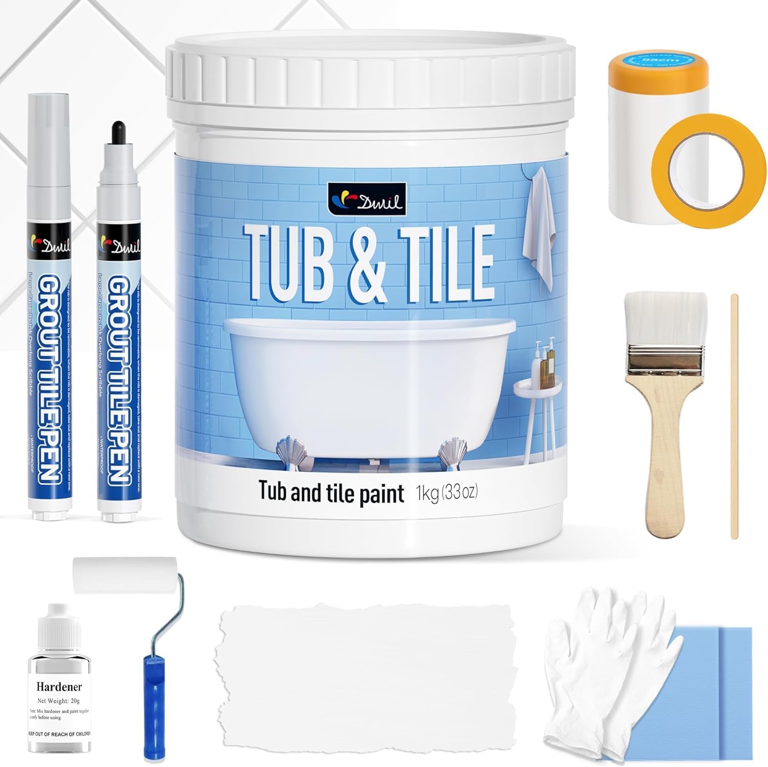 DWIL Tile Paint, Tub and Tile Refinishing Kit with Grout Pen - Water Based &Low Odor Bathtub Paint - Easy to Use Sink for Bathroom, Shower, Kitchen, Semi-Gloss White, 50-55sq.ft, 33oz
