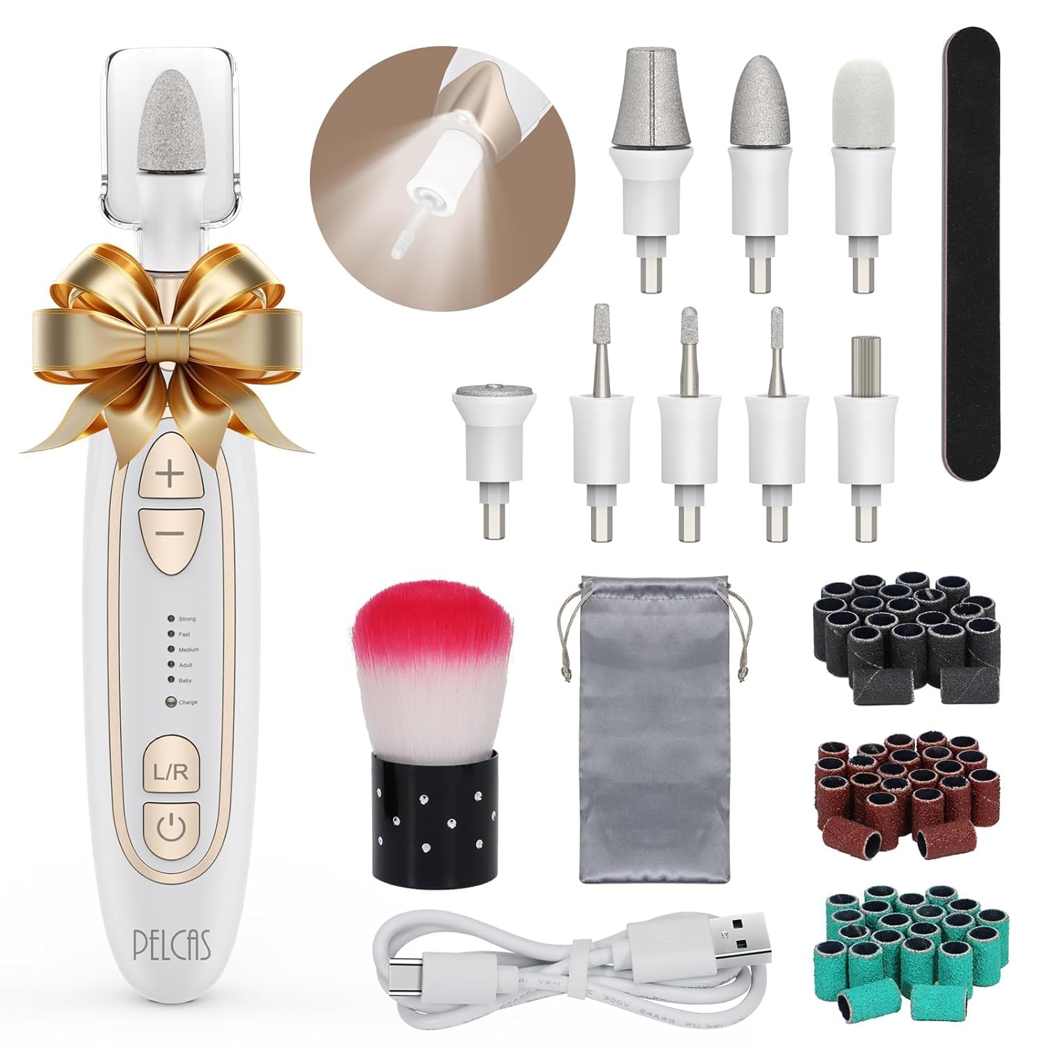 PELCAS Nagelfräser für dicke Fußnägel, 45.000 U/min Kabellos Nagelfeile mit LED-Licht & 5 Stufen, Maniküre- & Pediküre-Set mit 8 hochwertigen Nagelpflege-Aufsätzen für Gelnägel, Acryl & Naturnägel