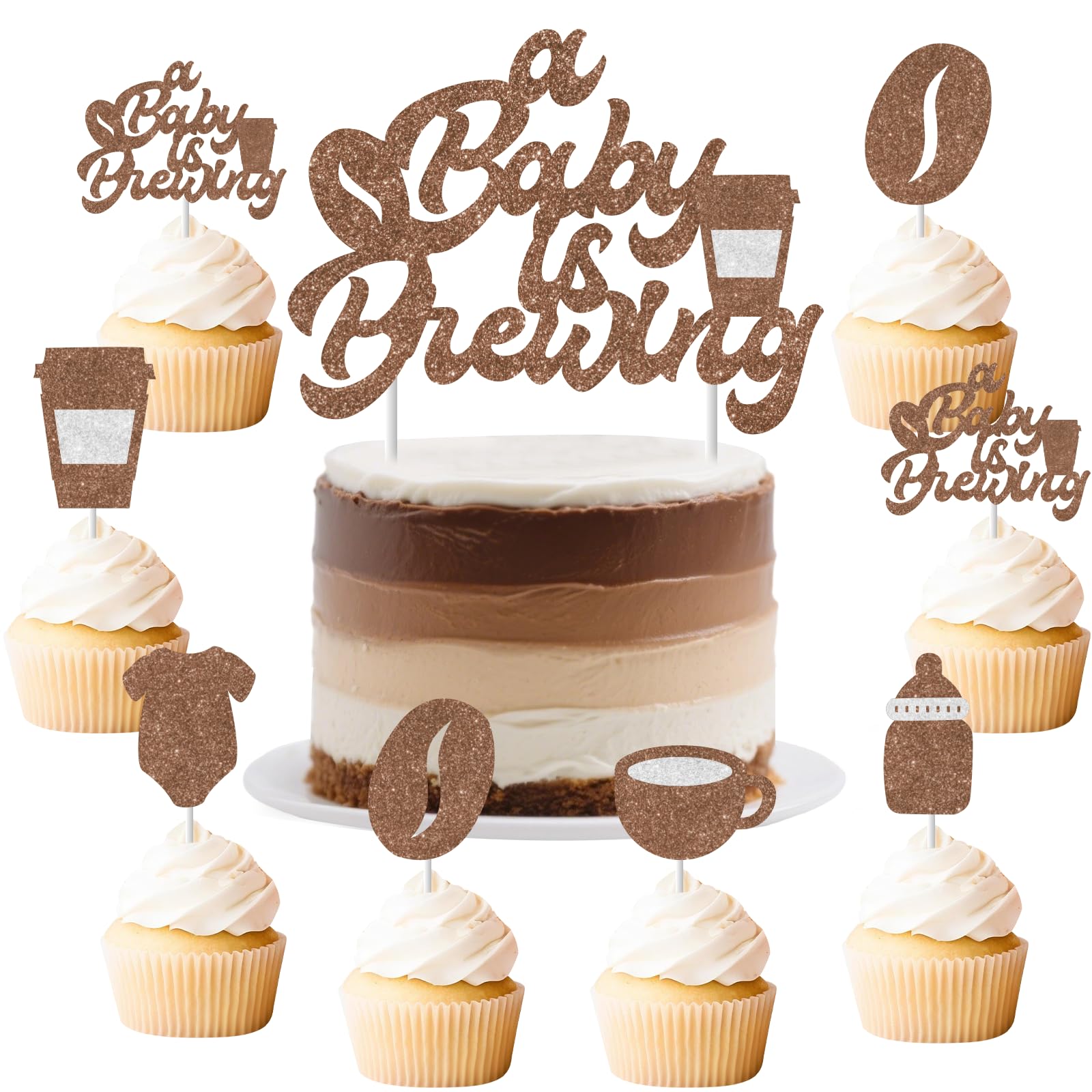 JOYMEMO A Baby Is Brewing Baby Shower Cake Topper with Cupcake Toppers