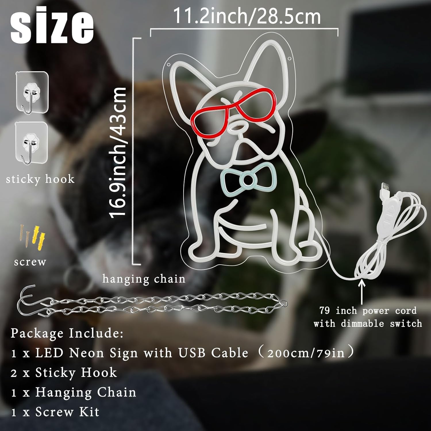 French Bulldog Neon Sign for Wall Decor, Frenchie Dog Wearing Glasses Bow Tie LED Neon Light, Cool French Bulldog Light Up Signs for Bedroom, Living Room, Pet Shop, Bar, Dog Birthday Party Decoration