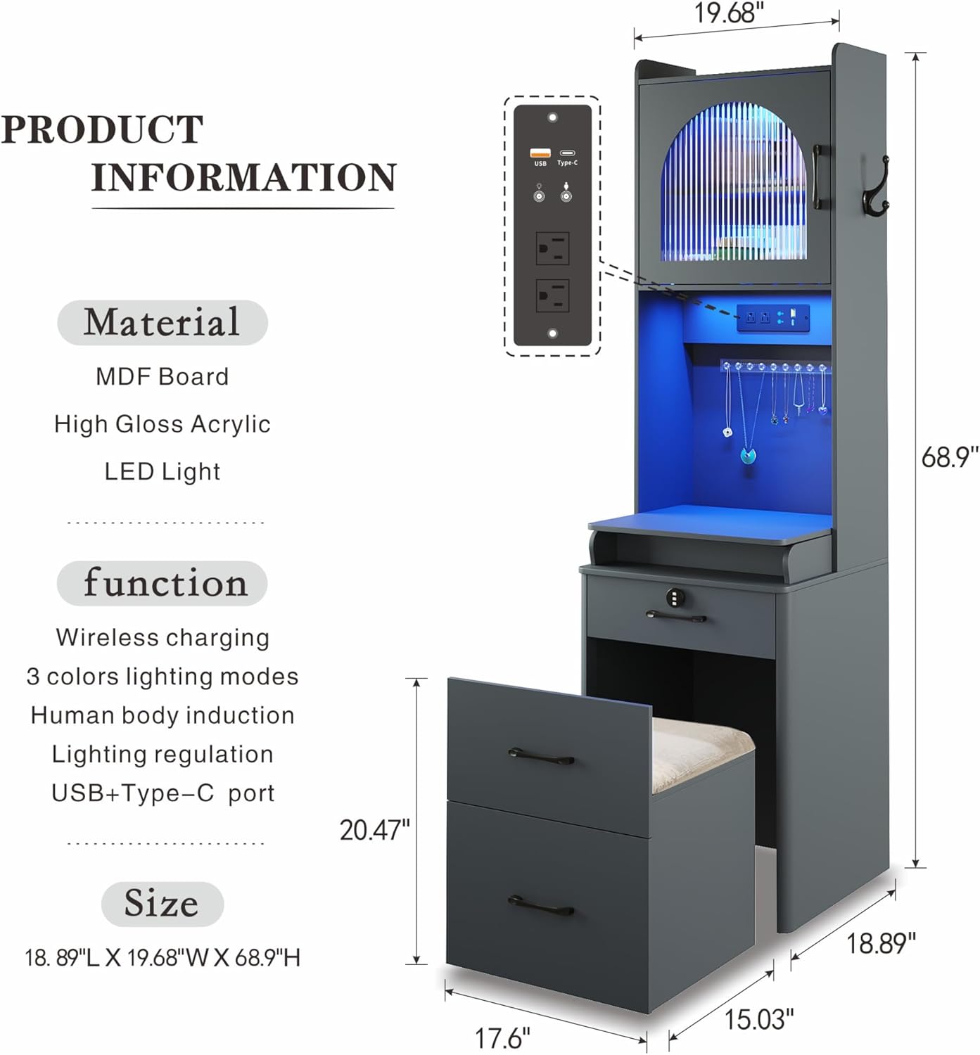 Small Vanity Desk with Mirror and Lights, Makeup Vanity Table with Drawers for Small Space, Compact Mini Corner Vanity Set Dressing Table - Charging Station & Human Motion Sensing for Bedroom (Gray)