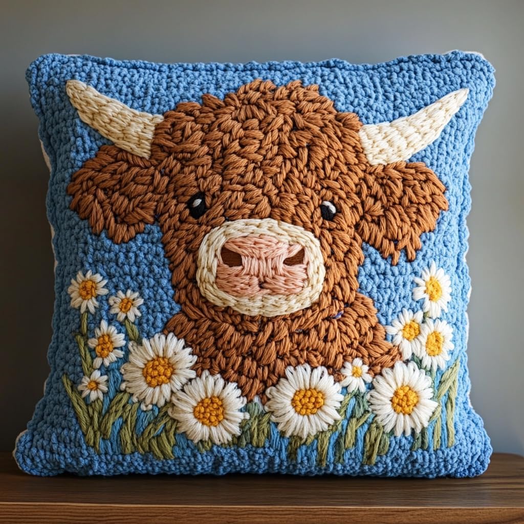 DIY Punch Needle Pillow Kit Cute Highland Cow Daisy Flowers with Pattern and Hoop Handmade Embroidery Punch Needle Starter Pillowcase Set for Home Sofa Decor 43x43cm-1-22