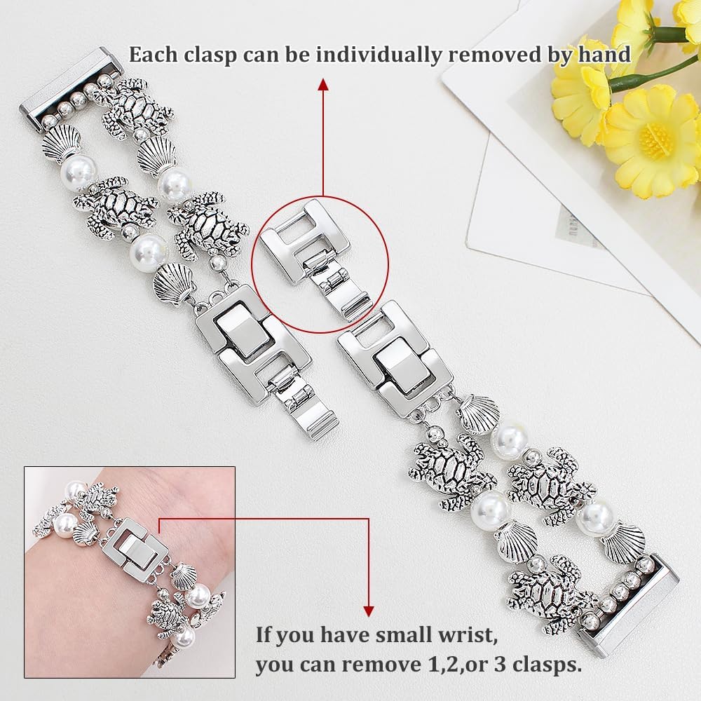 Pearl Beaded Band Compatible with Fitbit Versa 3/Versa 4/Sense/Sense 2 Smart Watch Band Women,Tropical Bracelet Sea Turtle Starfish Shell Palm Tree Strap image 2