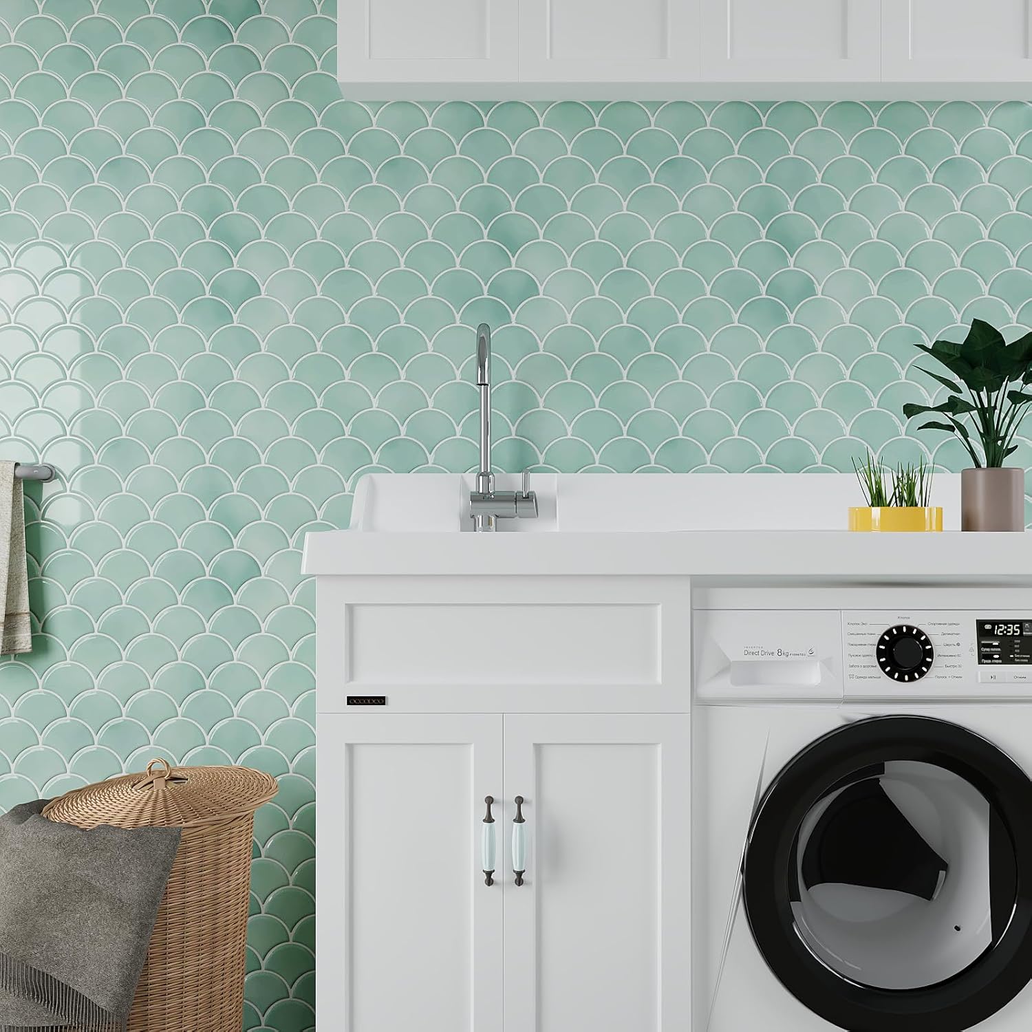 VEELIKE Green Mermaid Scale Peel and Stick Backsplash for Kitchen 12 Sheets Light Green Back Splash Stick on Tiles for Bathroom Wall Waterproof Renter Friendly Green Backsplash Tile Sticker 12''x12''