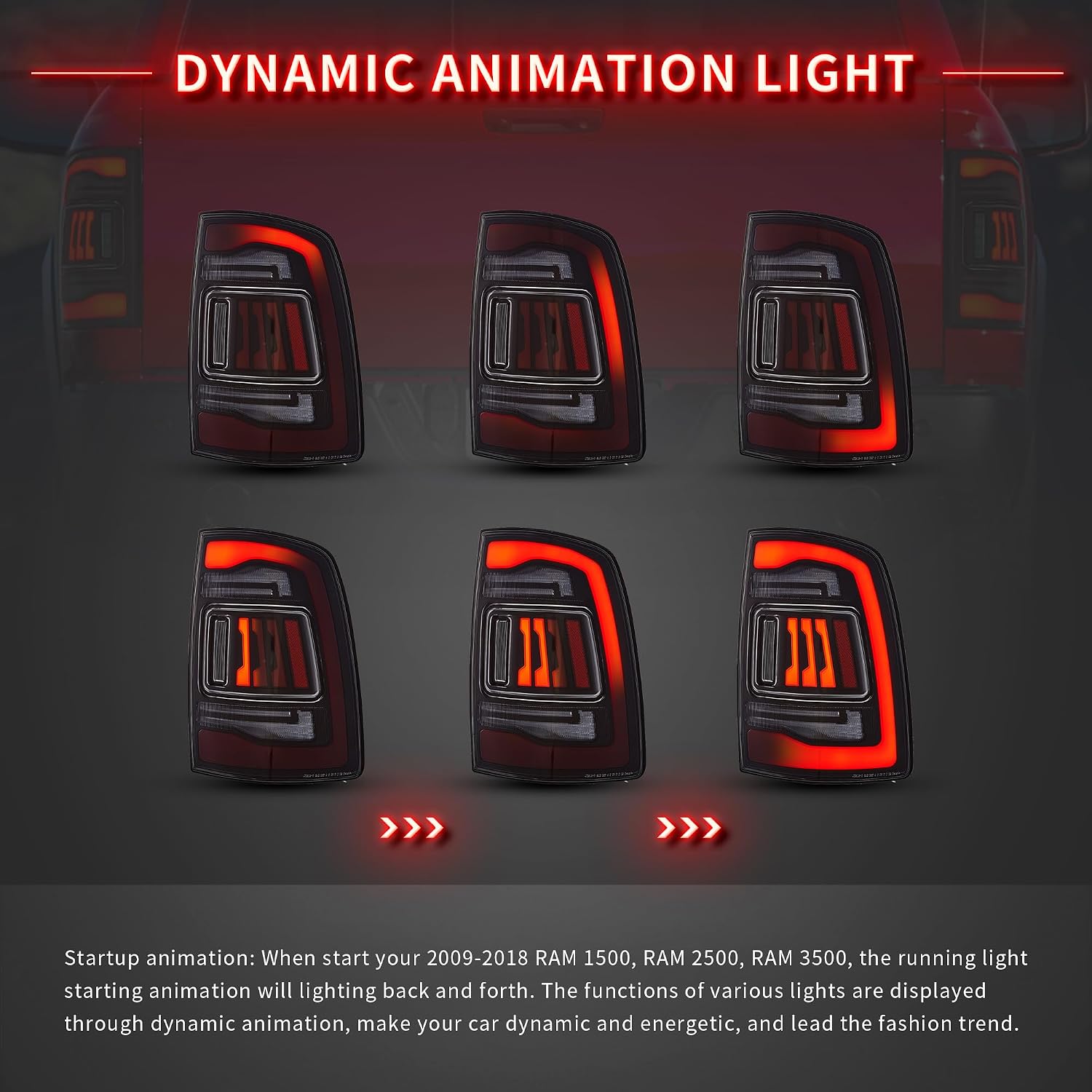 VLAND LED Tail Lights Compatible For Dodge RAM 1500 2009-2018 & 2010-2018 RAM 2500/3500, Not For Factory Halogen Models, Just For LED Models Only, Driver & Passenger side, Red & Smoked Lens Style