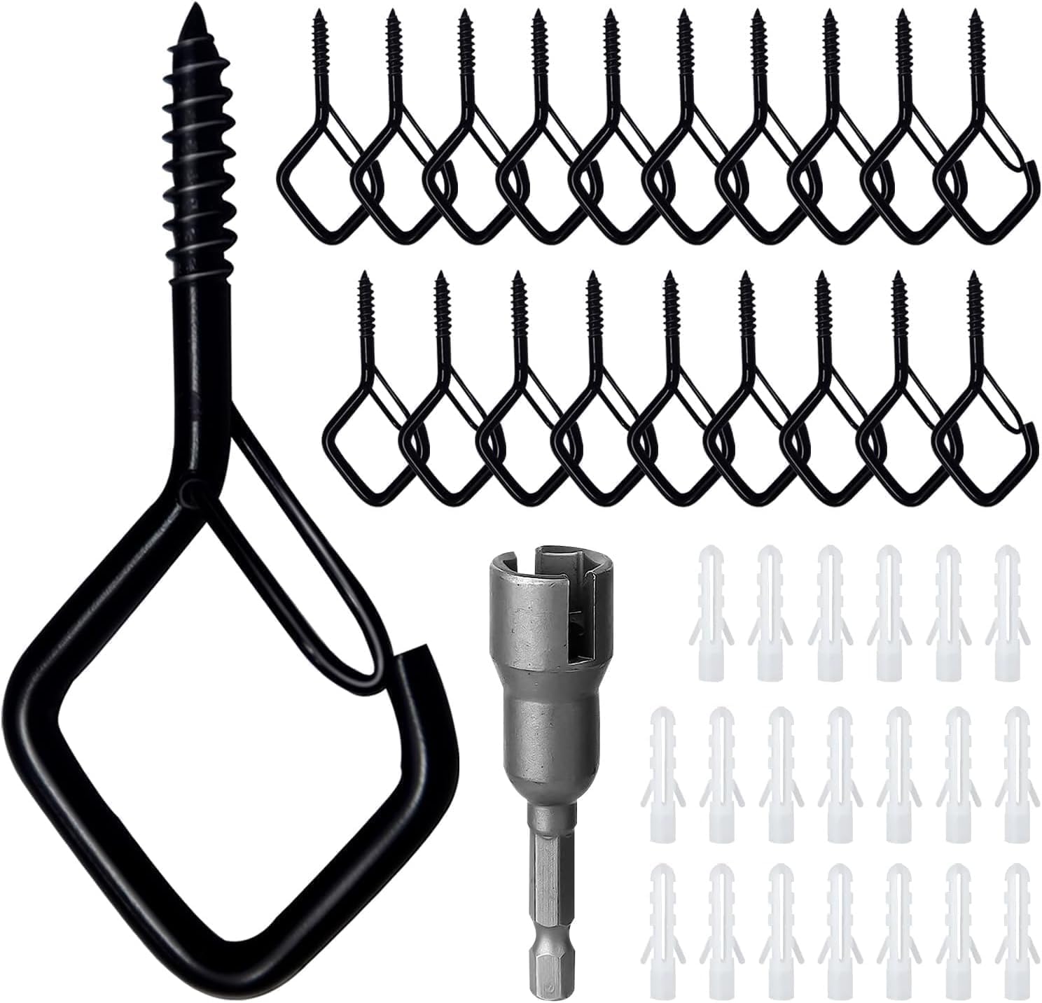 Guangdaovod Black 21 Pcs Q Hanger String Light Hook,Screw Hook Outdoor String Lights, Safety Buckle Design Cup Eye Hook For Hanging Christmas Lights, Plants, Wind Chimes, Include 1 Wing Nut Driver