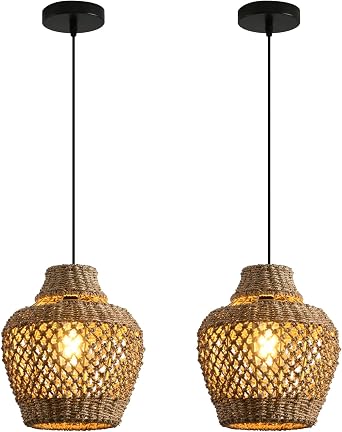 Rattan Pendant Light Fixtures,11.02" Boho Rattan Pendant Light,2-Pack Hand Woven Seagrass Chandelier for Workplace Occasions Restaurants Dining Living Bedroom Kitchen Farmhouse