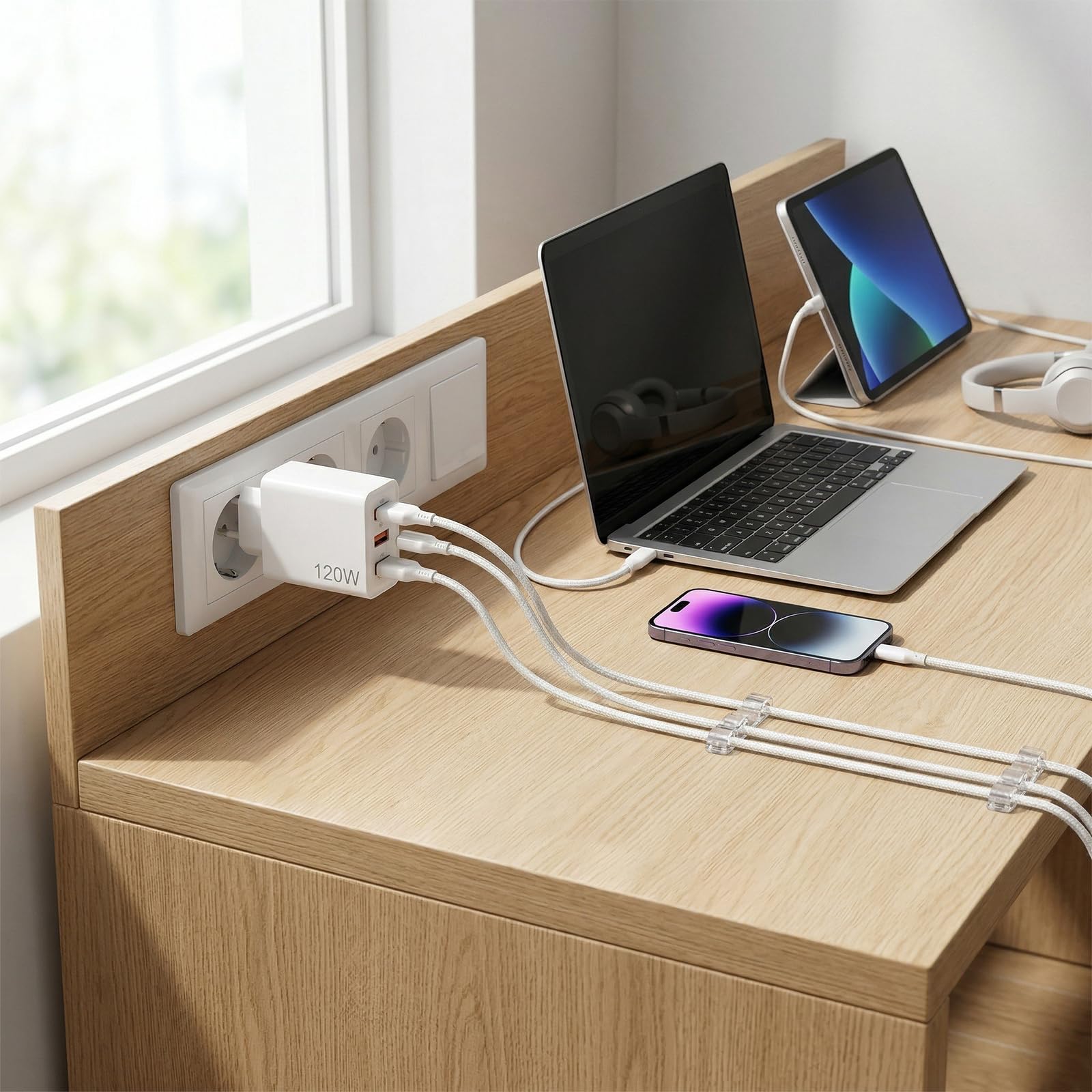 PD 3.0 Szybka ładowarka 120 W, 4 porty USB C z 2 USB-C i 2 USB-A, multizasilacz z ochroną bezpieczeństwa do iPhone'a 17/16/15Pro/Pro Max, Samsung Galaxy, iPada