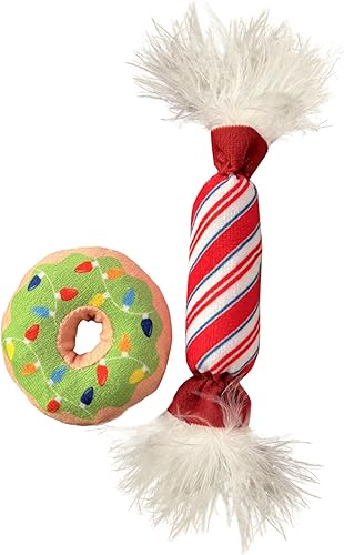 Huxley & Kent Paquete de 2 juguetes para gatos  Dulces de dona iluminada y menta  Juguete para gatos relleno de hierba gatera fuerte para Navidad