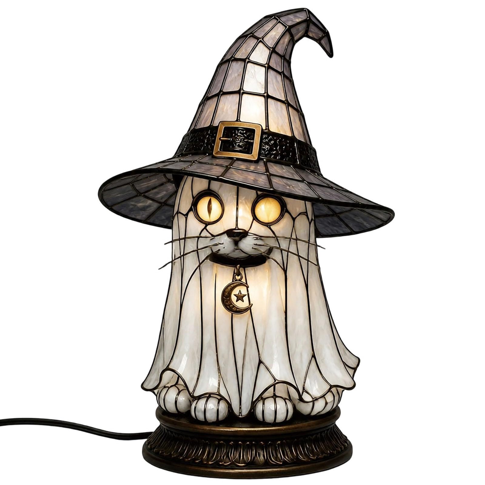Stained Glass Witch Hat Lamp, Vintage Halloween USB Table Night Light, Halloween Home Decor Accent Lamps, Heat-Resistant Resin Material, Soft Warm Ambient Glow for Bedroom & Bookshelf (Style D)