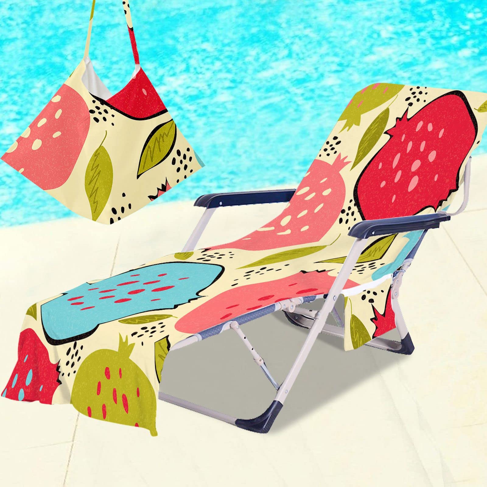 Surwin Sun Lounger Beach Towel with Pockets, Tropical Fruit Print 3D Summer Beach Chair Cover Chaise Lounge Towel Cover Mate Sunbed Towels For Holiday Garden Outdoor Pool (75x210cm,Pomegranate)