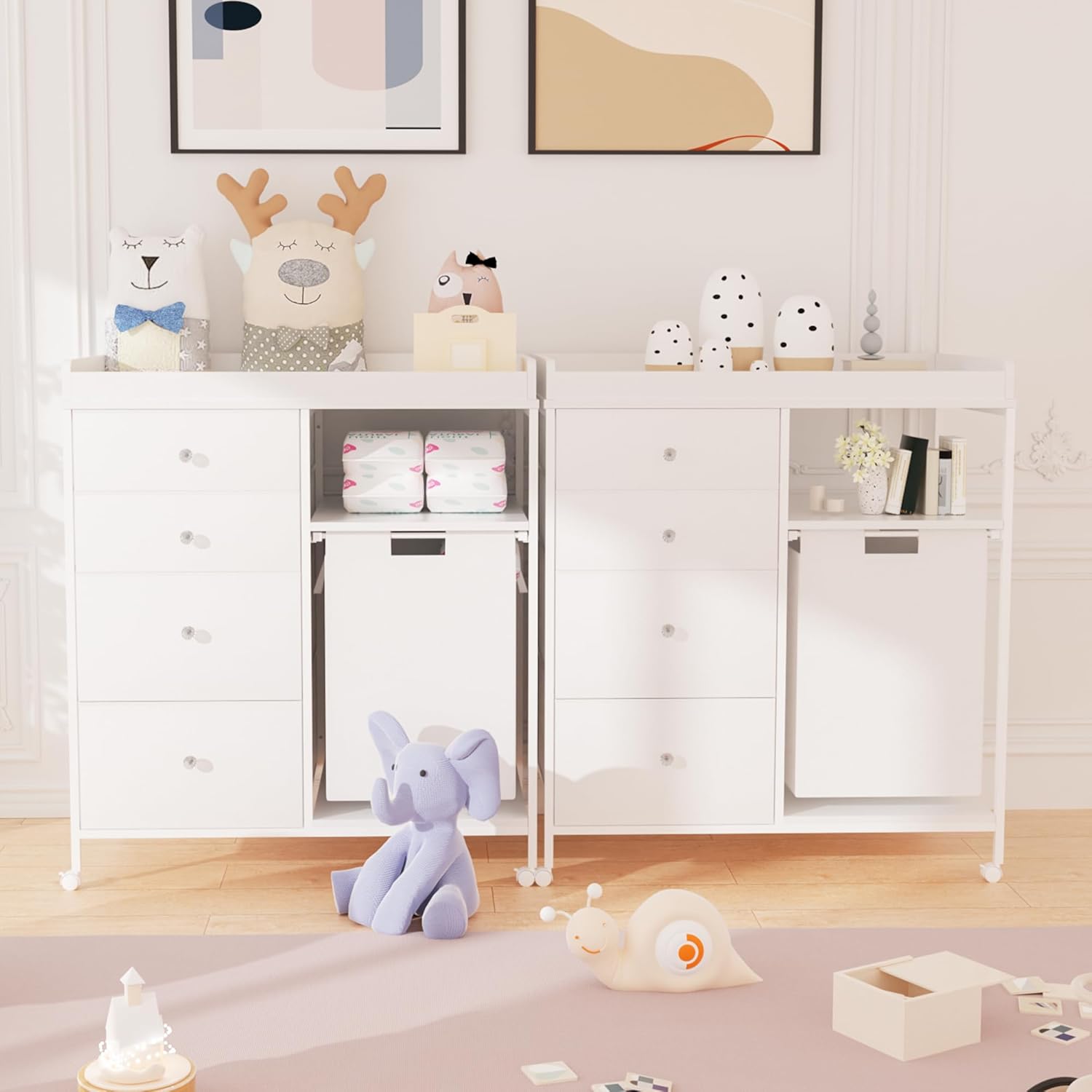 Diaper Changing Station with 4 Wheels Baby Nursery Dresser with 1 Open Shelf and 1 Laundry Hamper Baby Changing Station Dresser with Changing Table Top for Nursery
