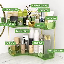 NATURE\'S SOURCE Makeup Organizer for Vanity, 2-Tier Corner Bathroom Organizer Countertop with Makeup Brush Holder, Corner Counter Storage for Bathroom Dresser- Green