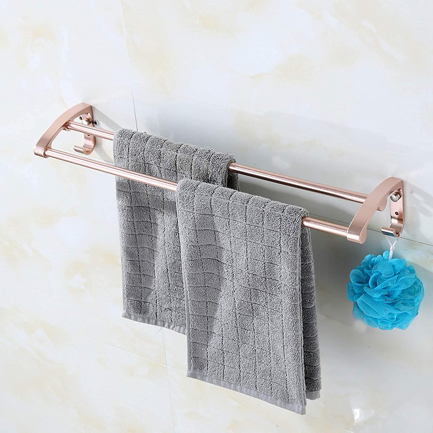 LYGXWJFC Wieszak na ręczniki Aluminiowy wieszak na ręczniki w kolorze różowego złota, montowany na ścianie wieszak na ręczniki z haczykami, wodoodporny, nierdzewny, śruby do mocowania, wieszak na