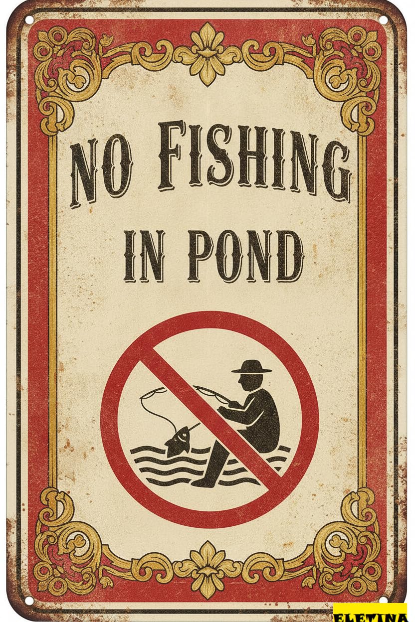No Fishing In Pond Tin Sign, 8x12 Inch Garden Decor