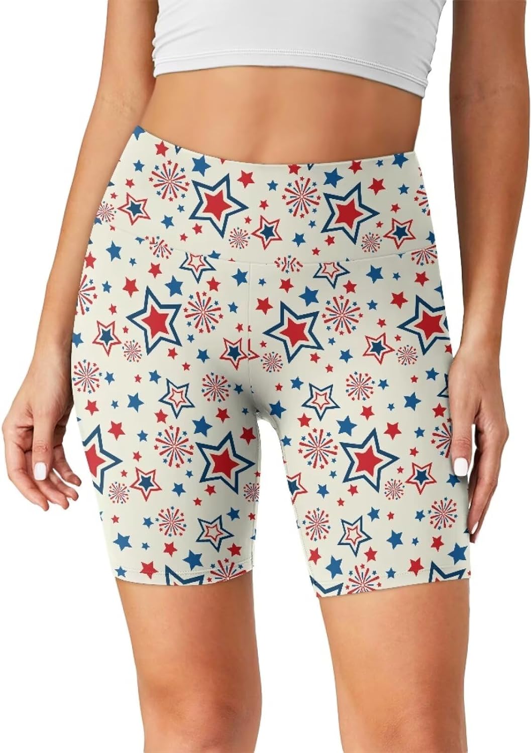 POLERO American Flag Shorts Women 4th of July Patriotic Biker Shorts Tummy Control Red White and Blue Yoga Pants
