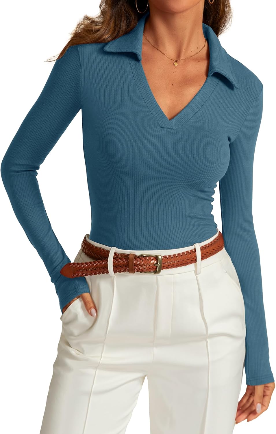 Womens Long Sleeve V Neck Polo Shirts Business Casual Collared Work Top Slim Fitted Basic 2024 Fall Shirt, Large, Dustblue - Image 2