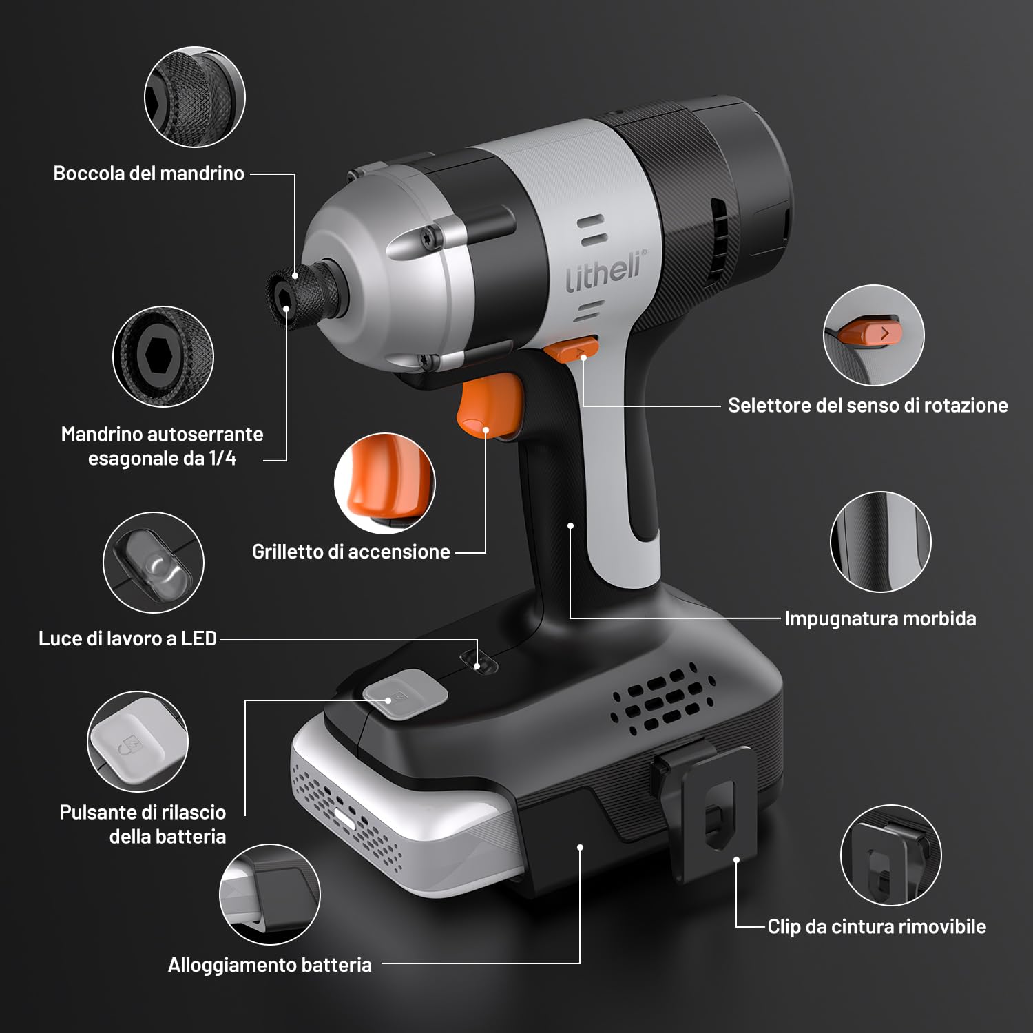 Litheli Trapano avvitatore a percussione, 1/4", attacco esagonale a batteria, con batteria da 20 V, 2,0 Ah, 180 Nm, 3000IPM, incluso LED, clip per cintura e 21 accessori