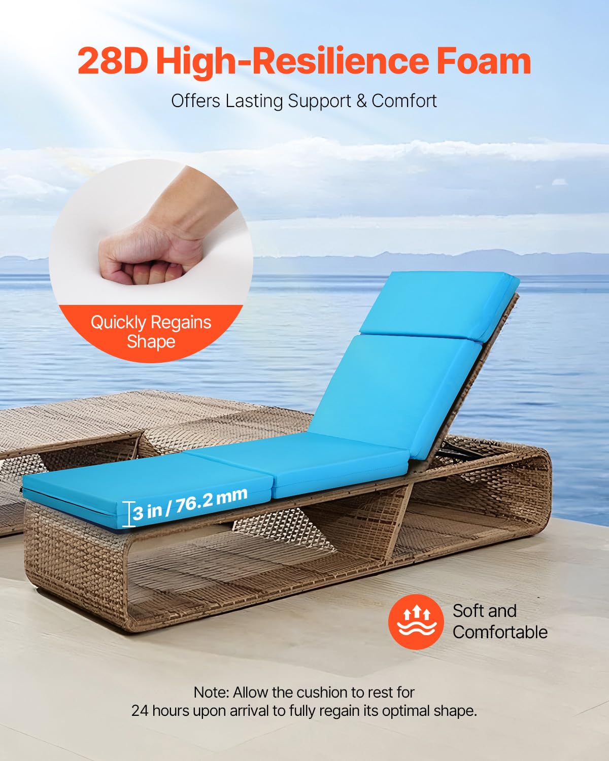 VEVOR Cojín para Tumbona, 2 Piezas, Cojín 1830x533x98 mm para Silla de Jardín Resistente al Agua y a la Decoloración, Cojines de Repuesto para Tumbonas con Lazos para Exterior, Patio, Azul Verdoso