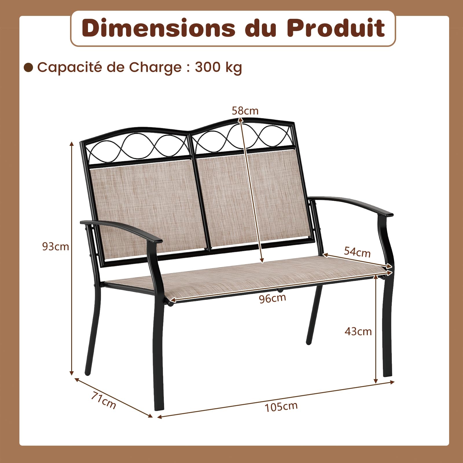 GIANTEX Banc Exterieur Jardin avec Dossier et Assise en Tissu Respirant, Charge 300 kg, Cadre en Métal Robuste avec Accoudoirs, Banquette Exterieur Jardin 2 Places pour Porche, Patio, Piscine, Marron