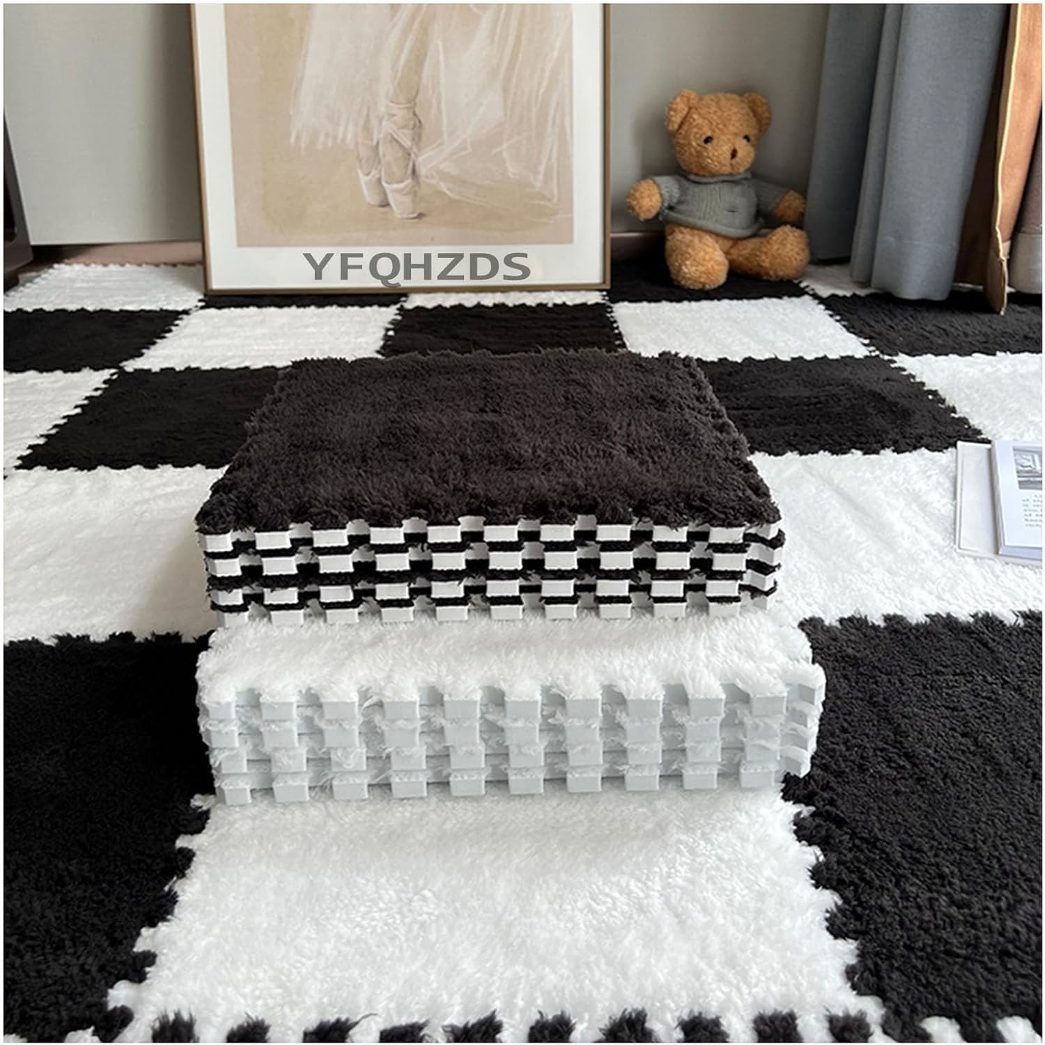 JvFbjLF Plush Foam Floor Mat 30pcs 30&60cm Square Puzzle Rugs Interlocking Foam Tiles(White+Black,60x60x1cm)