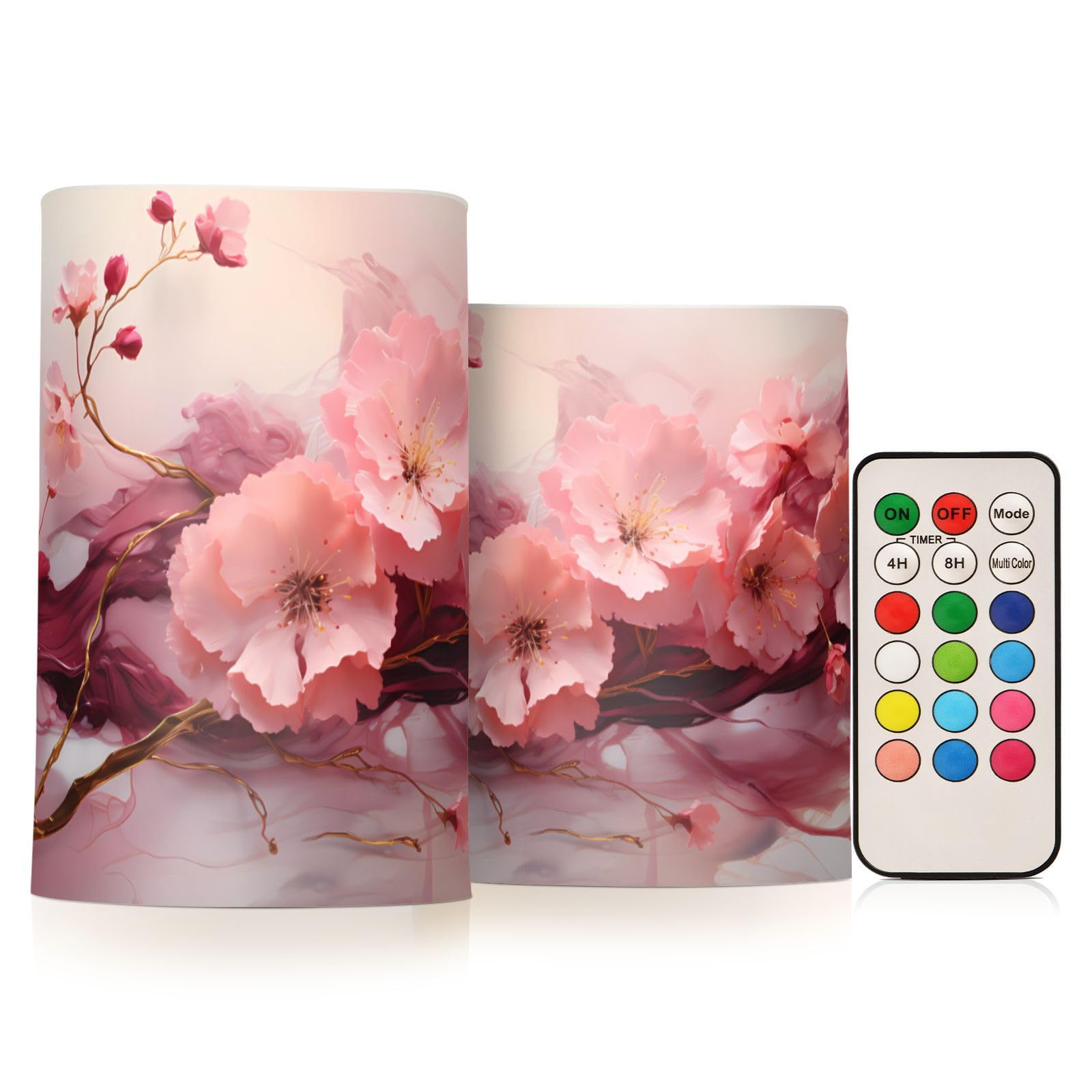 Mnsruu Flickering Flameless Candles Pink Flower Marble LED Candles with Remote Timer Set of 2 Battery Operated Candle Home Decoration