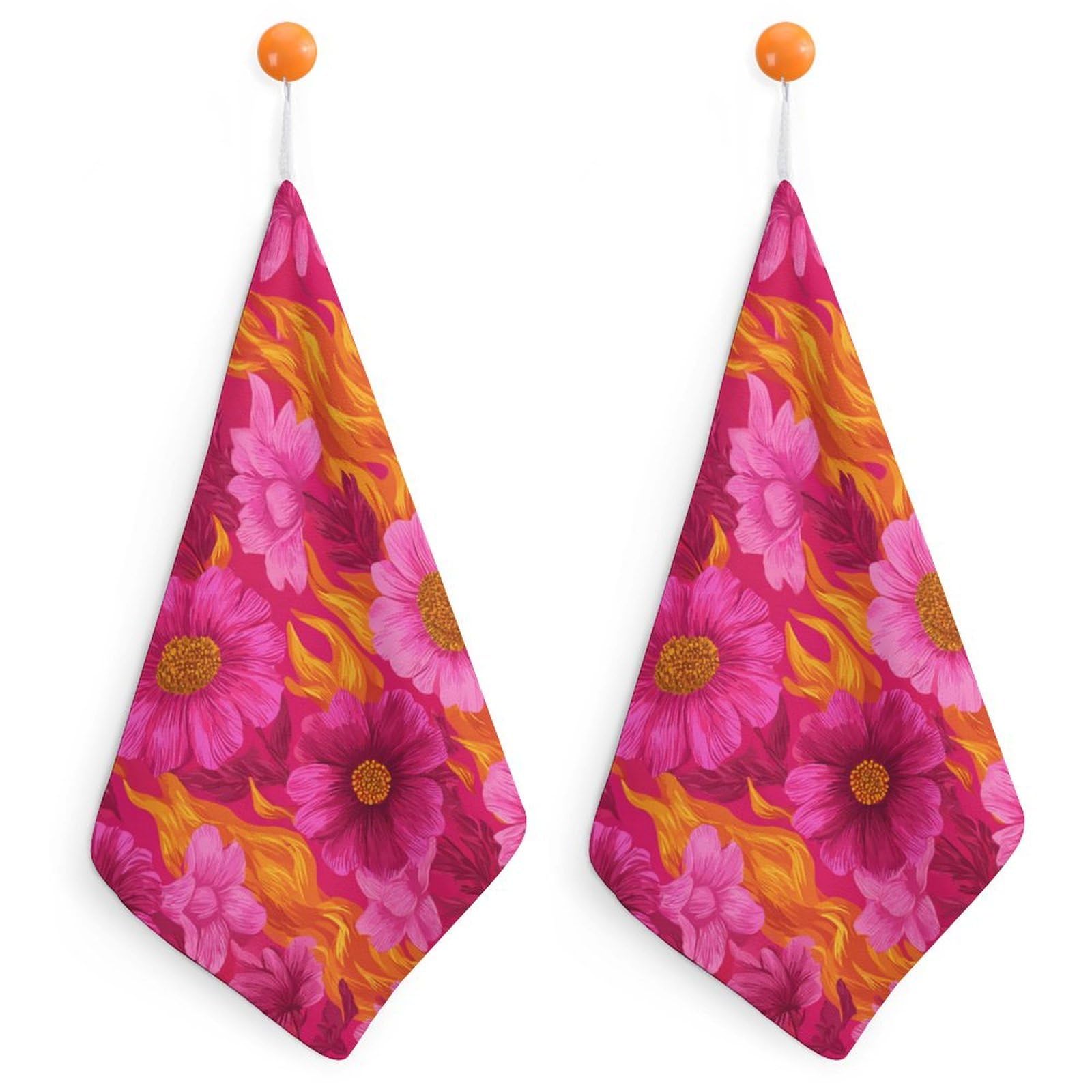 Jubonexis Summer Pink Florals with Neons Flames Small Hand Towel with Hanging Loop 2 PCS Absorbent Soft Wash Cloth for Kitchen Bathroom