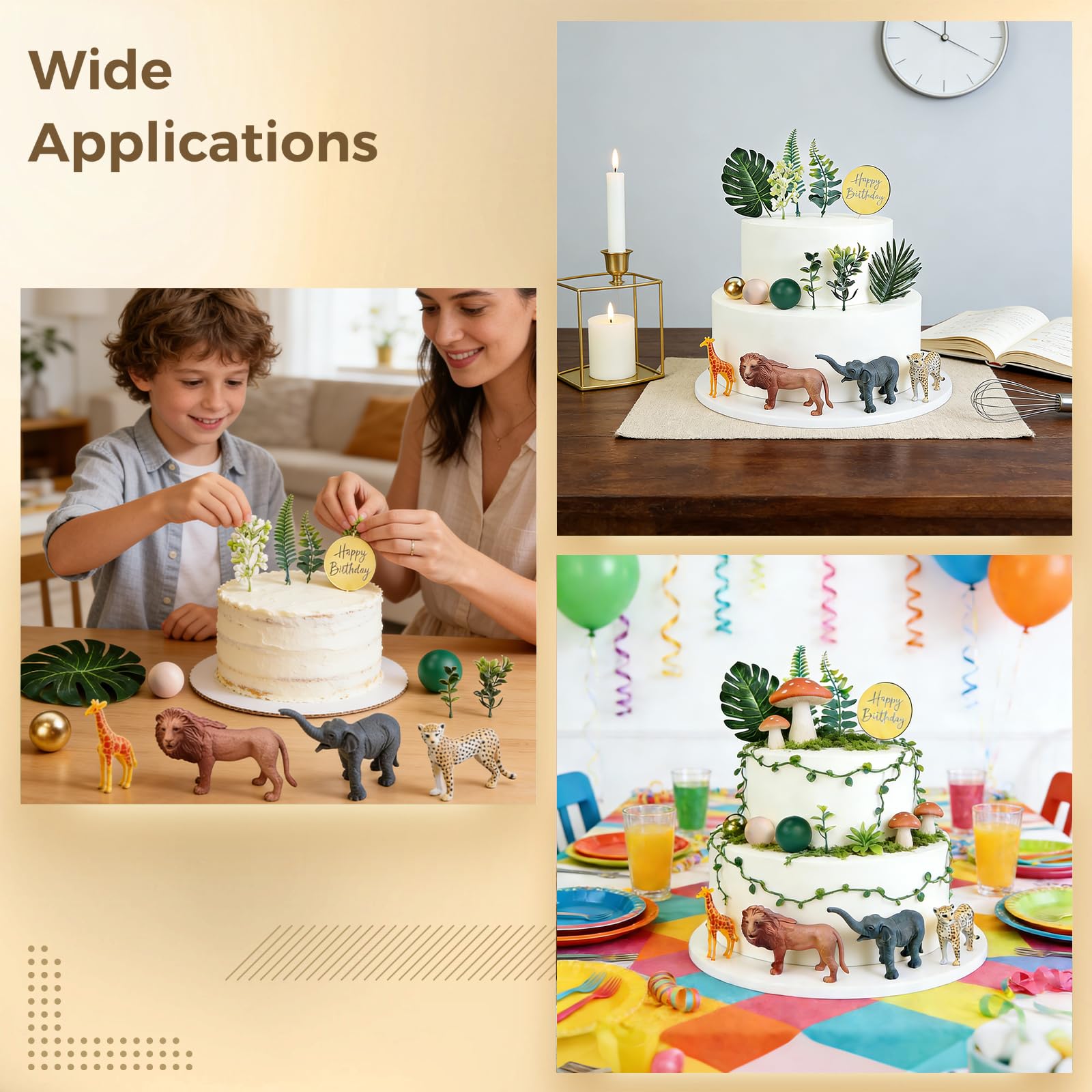 27 Stk. Dschungel Tier-Kuchentoppers Safari-Deko, Tierfiguren mit Löwe, Elefant und Gepard, naturgetreue Blätter und Goldkugeln, inklusive Happy-Birthday-Label für Partykuchen und Themenfeiern