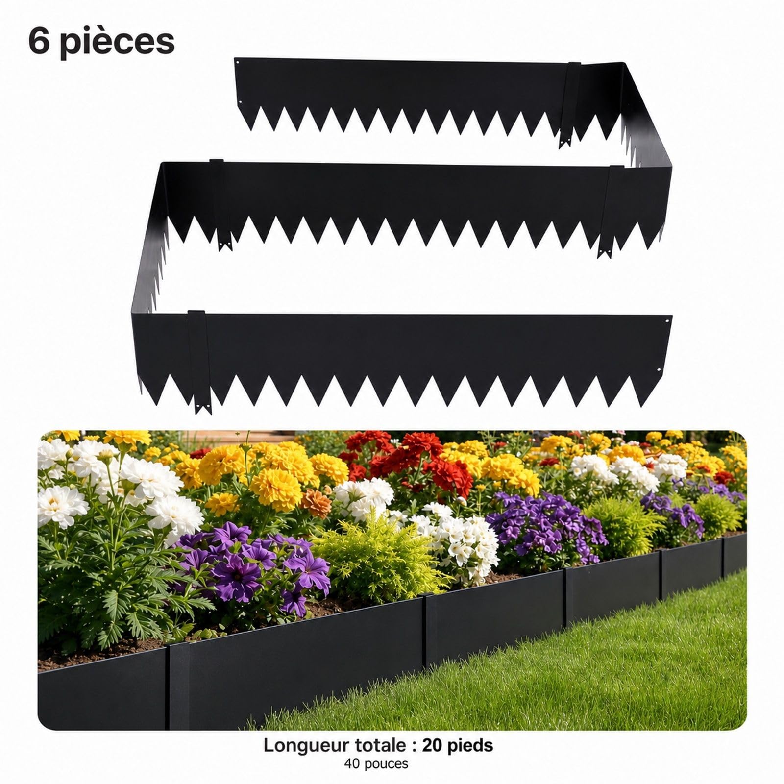 Bordure de Jardin en métal, Lot de 6, Acier galvanisé Noir, avec 8 Clips de Fixation, pour pelouse, massifs de Fleurs et allées