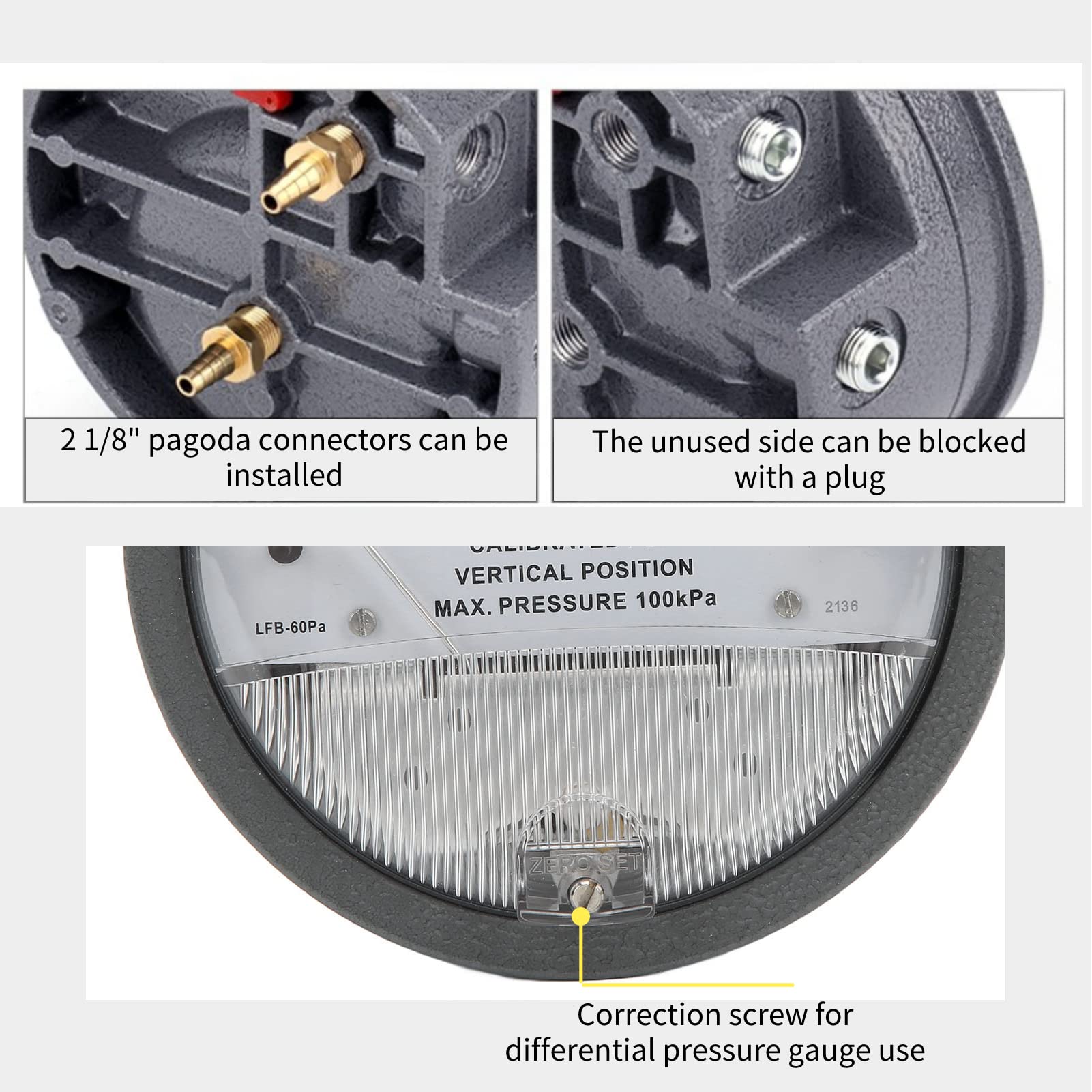 Manómetro Diferencial, Manómetro Industrial de 0 a 60 Pa, Rosca Hembra de 1/8, Rango de Temperatura de -7 ℃ a 60 ℃