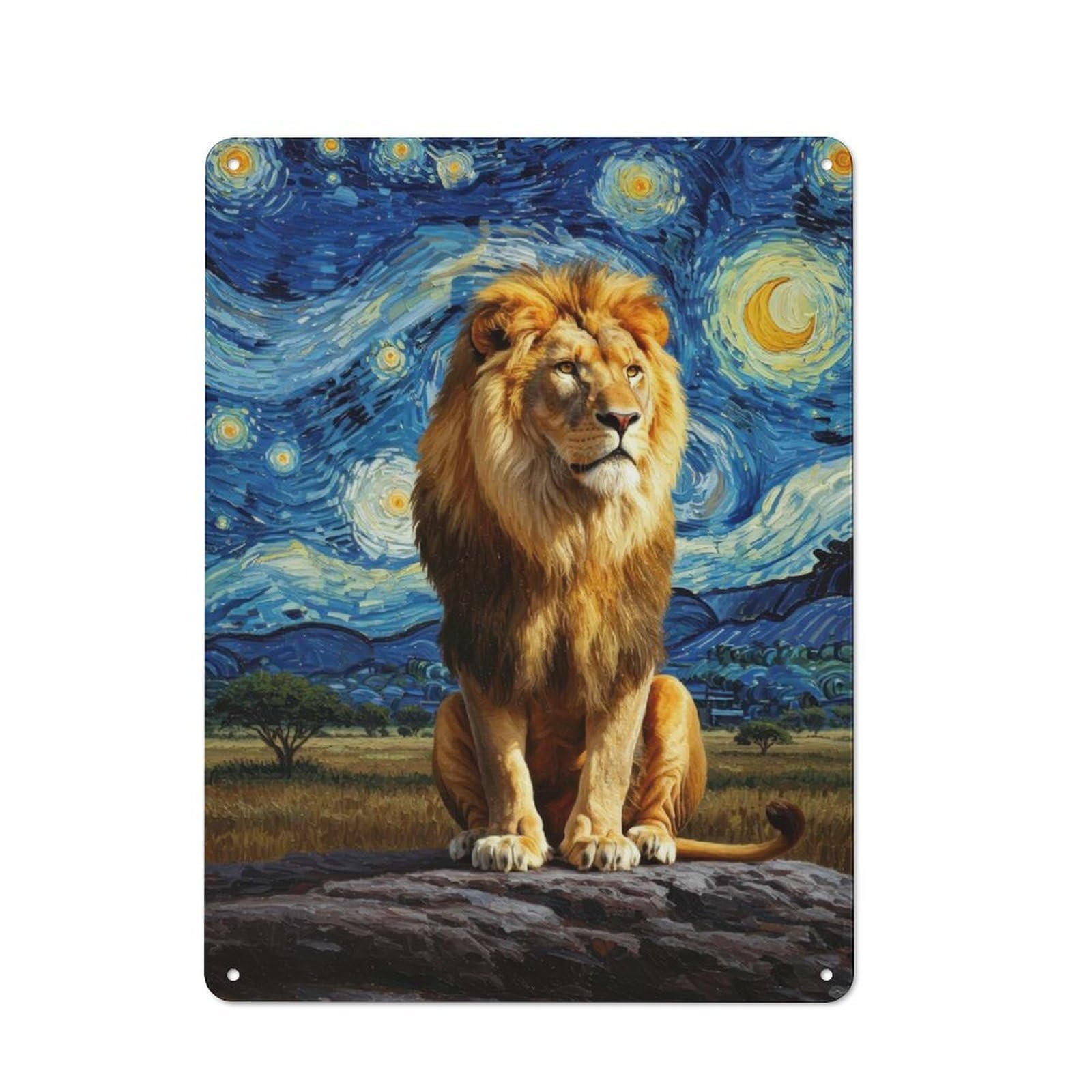 Junmoney Lion In Starry Night Style For Studio Or Craft Room, Retro-Style Tin Sign 40X30cm, For Metal Sign Collectors, For Garage And Workshop Walls