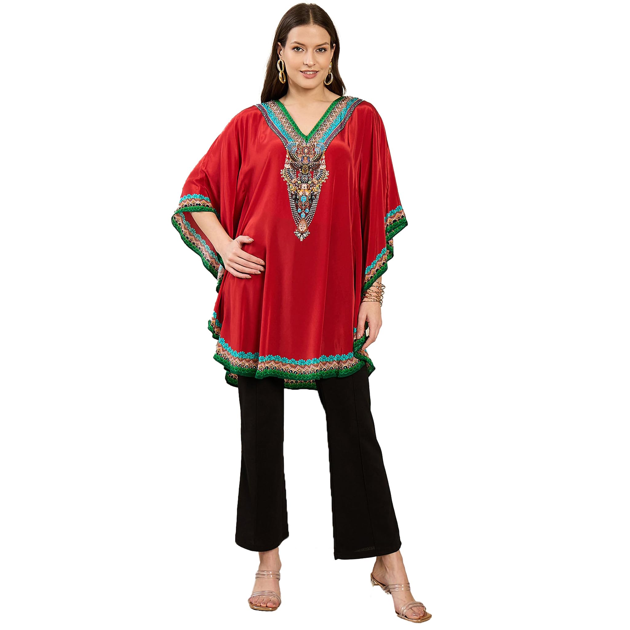 first resort Red Apple Cut Embellished Tunic in Viscose Crepe for Women by Ramola Bachchan-picture-24