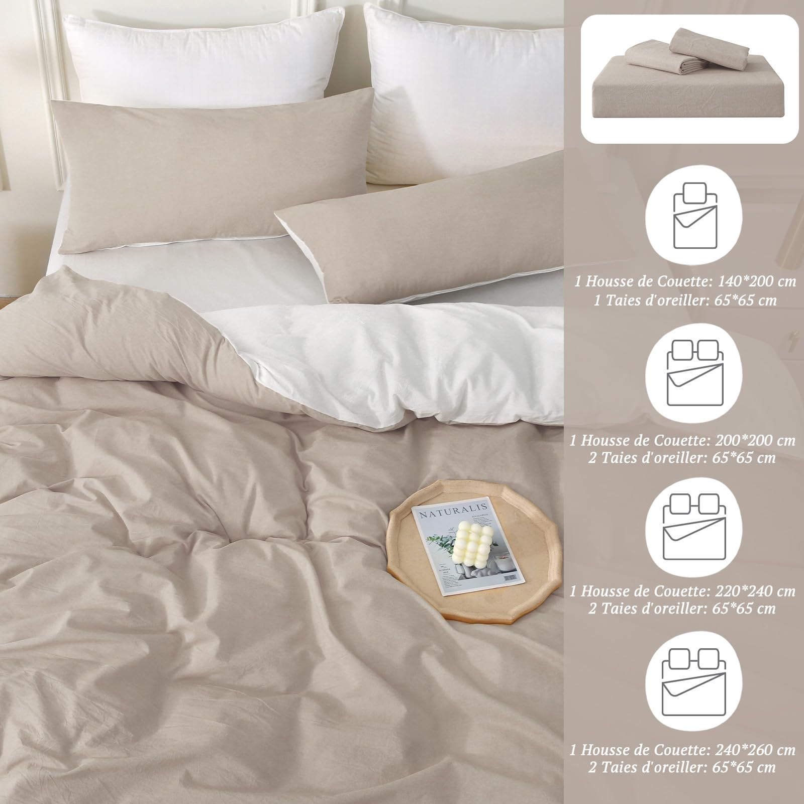 SOULFUL Copripiumino 140 x 200 cotone, cammello scuro set copripiumino con cerniera, 100% cotone lavato, texture lino, set da letto 140 x 200 cotone con 1 federa 65 x 65 cm