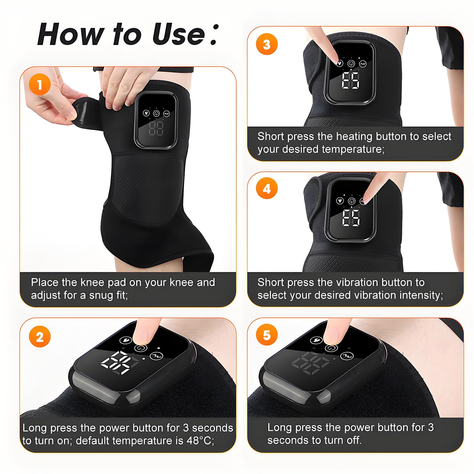Kabellose Beheizte Kniebandage, 3 einstellbare Heiz- & Vibrationsmodi, 2000mAh Knie Massagegerät mit LED-Bildschirm & Touch-Tasten, 15 Minuten Zeit (Heated Knee Support)