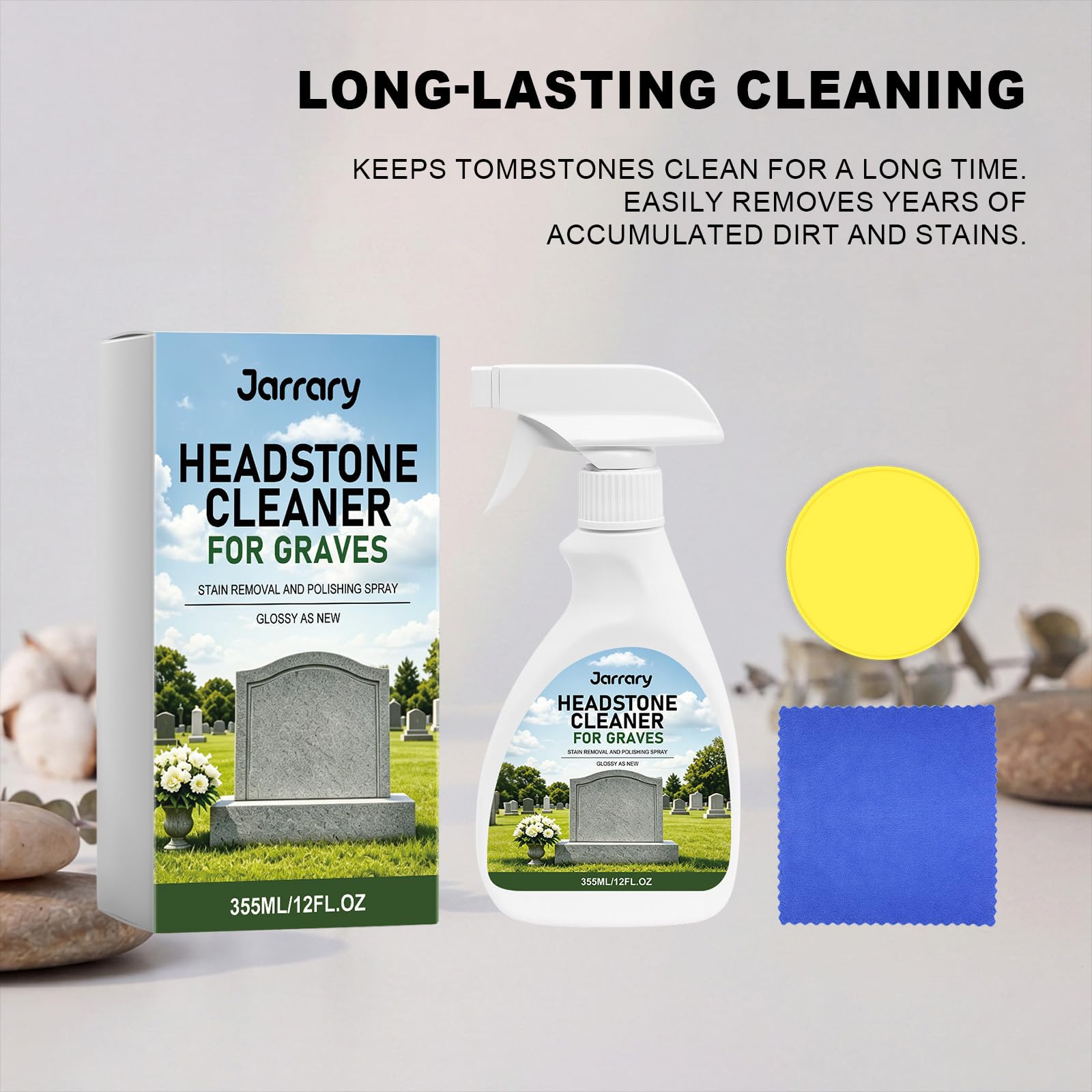 Spray limpiador de lápidas y tumbas para granito y mármol cementerio, juego de limpieza de lápidas y monumentos con paño y esponja, spray de limpieza y pulido para el cuidado (3 unidades)