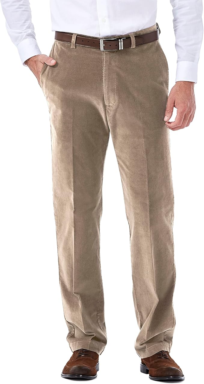 Haggar Men's Corduroy Expandable Waist Classic & Straight Fit Flat Front Pant