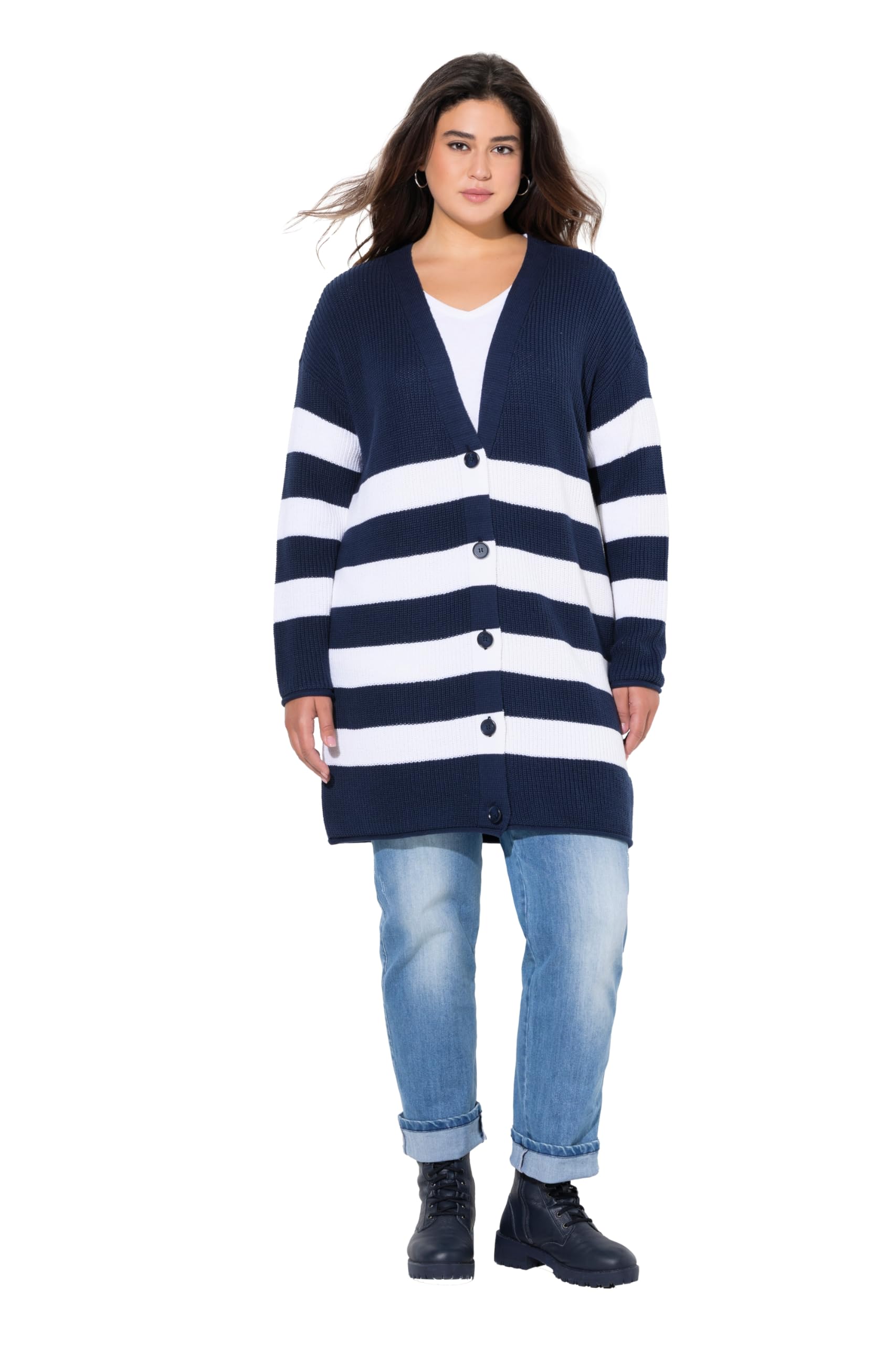 Ulla Popken Damen große Größen Übergrößen Plus Size Strickjacke, Streifen, Boxy, V-Ausschnitt, Rollkanten 834573