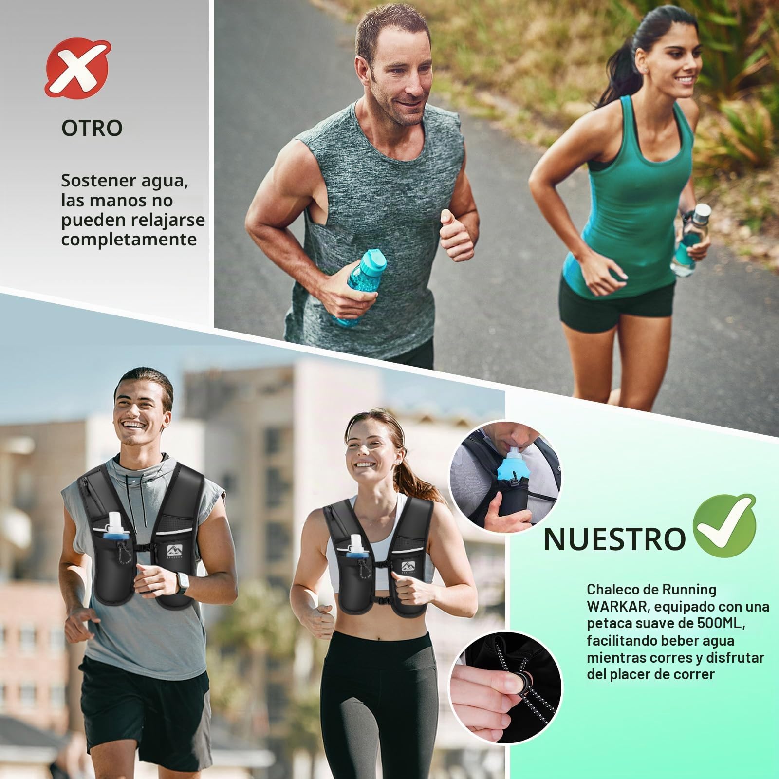 Chaleco de Running Shayson para Mujer y Hombre con Botella de Agua de 500 ml incluida, Correas de Pecho Ajustables, Transpirable y Reflectante