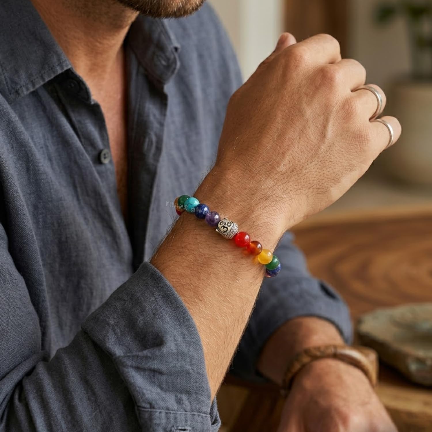 Young & Forever Natural 7 Chakra Healing Bracelet with Tiger Eye Beads & Silver-Tone Buddha Charm – Reiki Energy Balancing & Grounding Yoga Jewelry for Men & Women – Adjustable Elastic Stone Wristband for Anxiety Relief & Positive Energy
