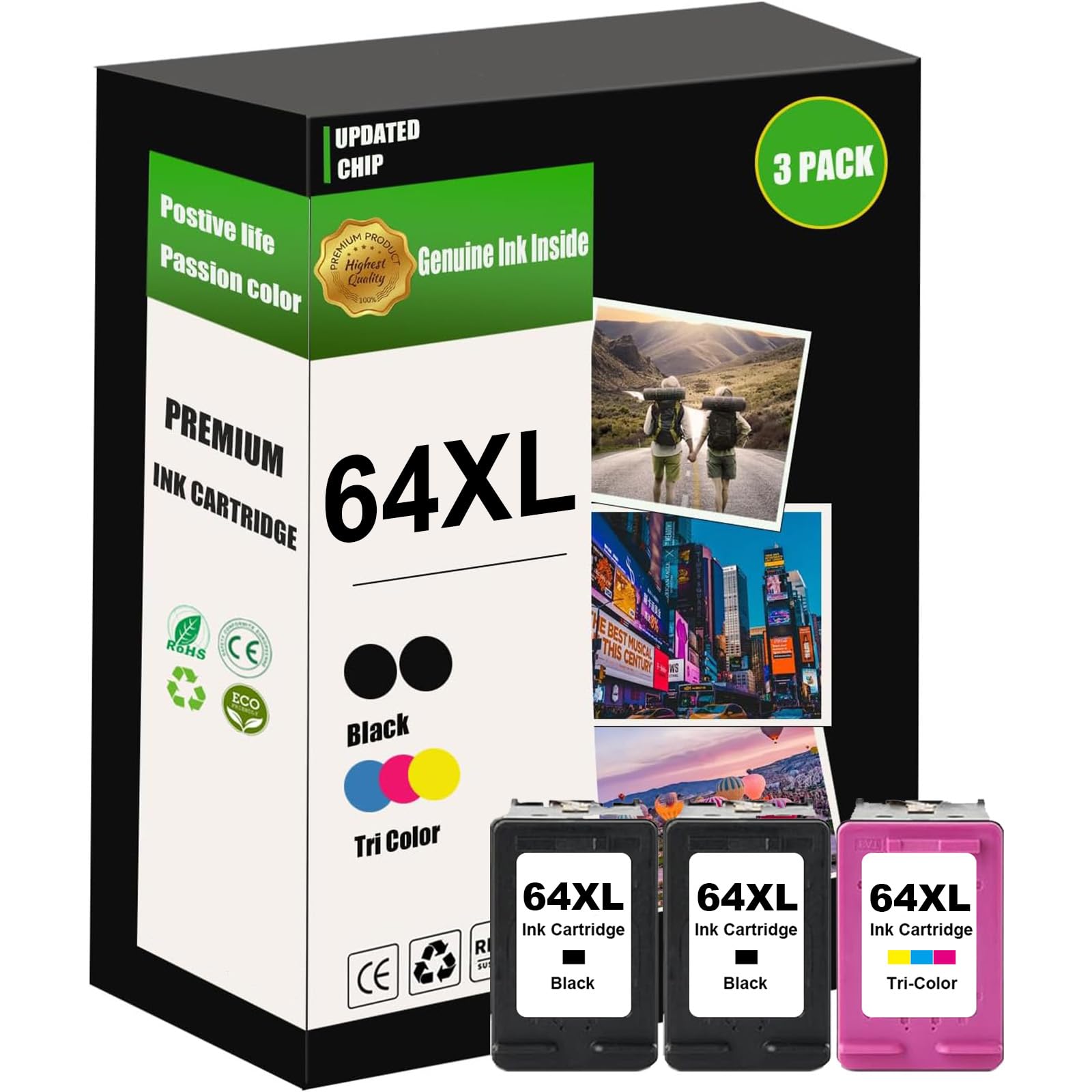 Photo 1 of Eficazink 64XL 3Pack Ink Cartridges (2 Black and 1 Color) Replacement for Envy Photo 7855 7858 7155 7158 6255 6258 Inspire 7200e 7900e 7955e Printer