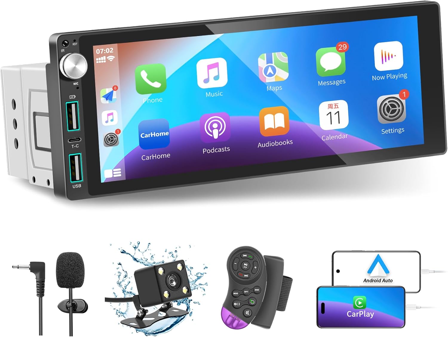 Single Din Car Stereo with Apple Carplay Android Auto