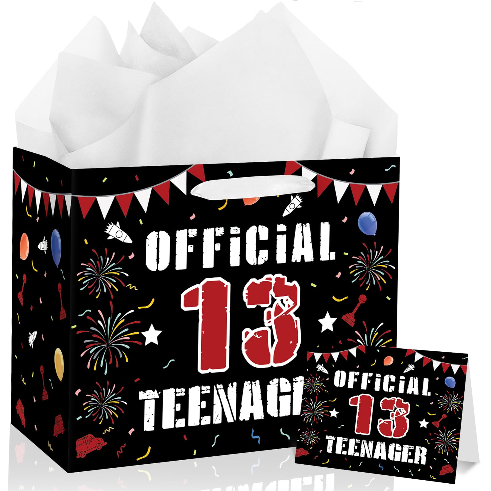 13th Birthday Gift Bag for Boys Girls Official Teenager 13 Years Old Happy Birthday Party Favors Bag with Wrapping Tissue Paper and Greeting Card Black Red Party Decorations Supplies