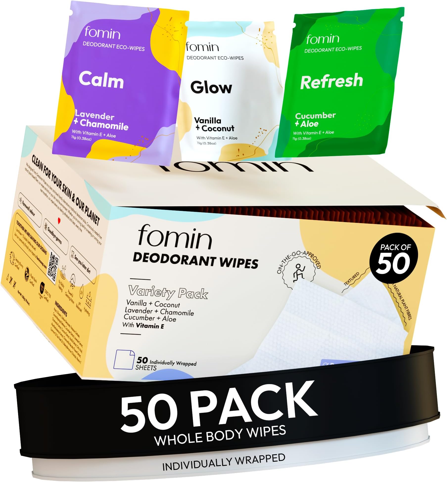 FOMIN Travel Deodorant Wipes - 50 Count - Variety Pack - pH Balanced, Hypoallergenic Mini Deodorant Wipes For Women and Men - Plastic-Free, Individually Wrapped Underarm & Body Wipes