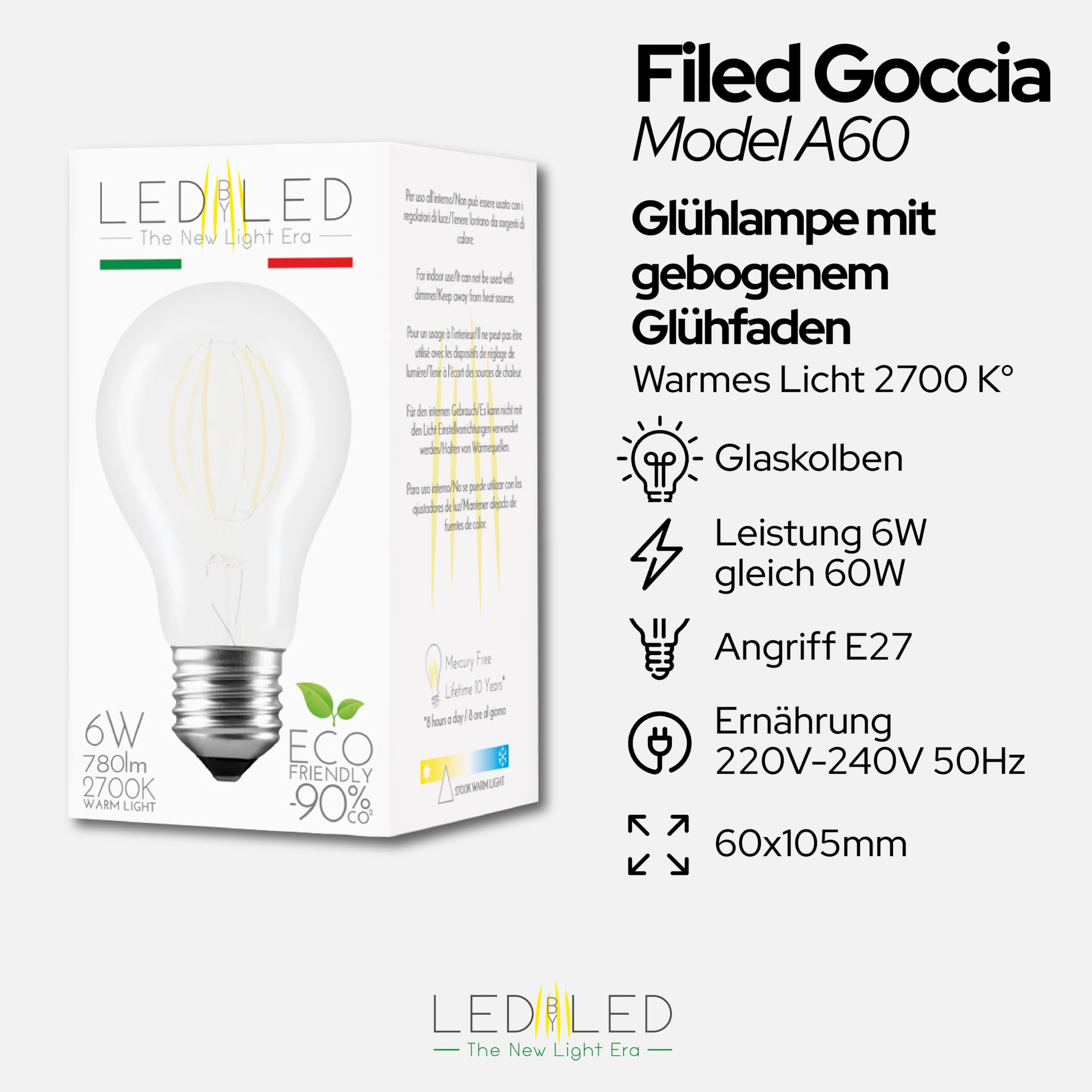 Tropfenförmige Glühbirne 6 W entspricht 60 W, E27, mattiertes Glas, 2700 K warmes Licht, gebogener Glühfaden, 780 Lumen, 10er-Pack