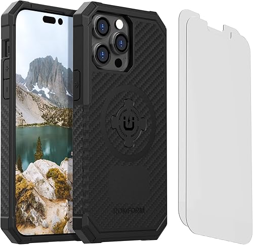 Rokform - Funda resistente compatible con iPhone 14 Pro Max con doble imán y MagSafe + kit de 2 protectores de pantalla (transparente)