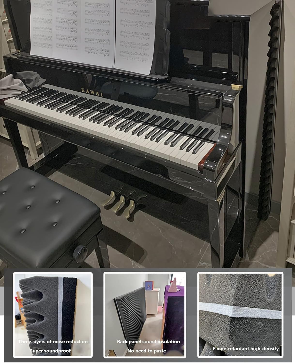 Pannelli acustici per isolamento acustico del pianoforte, spugna assorbente ad alta densità per pianoforte verticale, soluzione insonorizzante per casa e ufficio