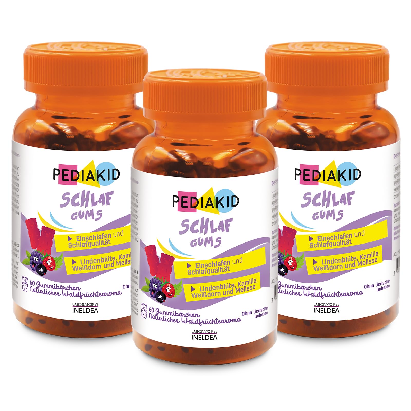 PEDIAKID - Schlafgummi - Nahrungsergänzungsmittel - Linde, Weißdorn, Kamille & Melisse - Erleichtert das Einschlafen - Fördert eine bessere Schlafqualität - Ohne Gelatine - 3er-Packung