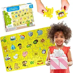 Quebra Cabeça Infantil Alfabeto em Madeira MDF 26 Peças Educativo Colorido Lúdico Presente Crianças 4 anos Aniversário Natal Brinquedo Pedagógico Menino Menina Aprendizado Letra e Imagem Alfabetização